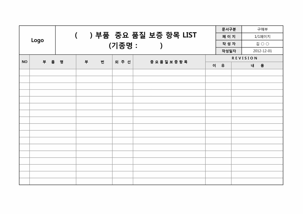 중요품질부품 보증 항목 LIST