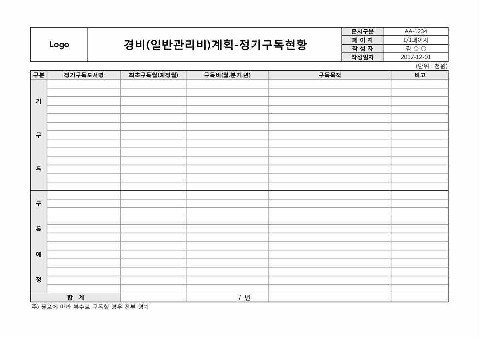 경비 계획서(정기구독현황)
