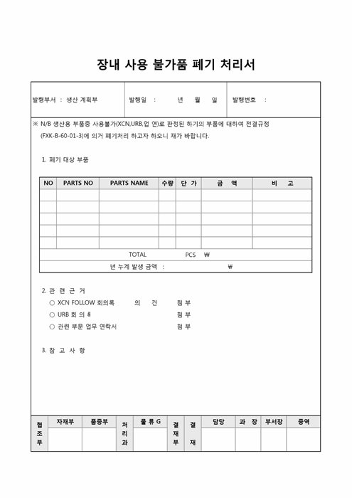 장내 사용 불가품 폐기 처리서