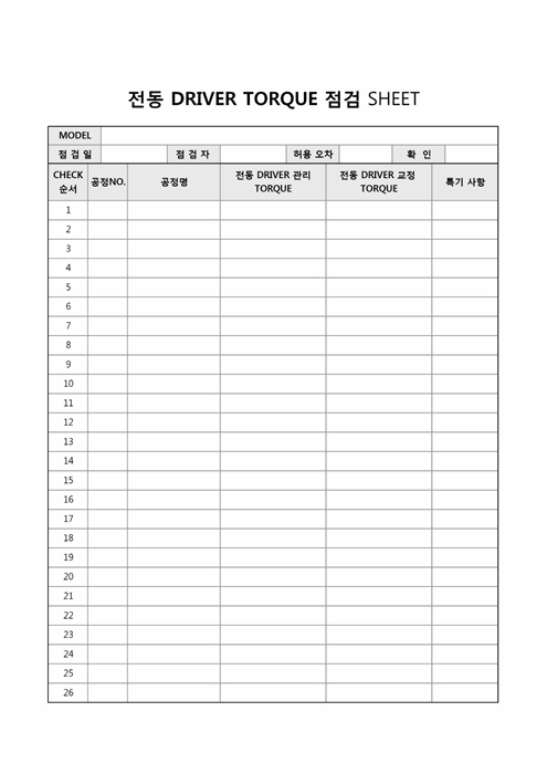 전동 DRIVER TORQUE 점검 SHEET(총조립)