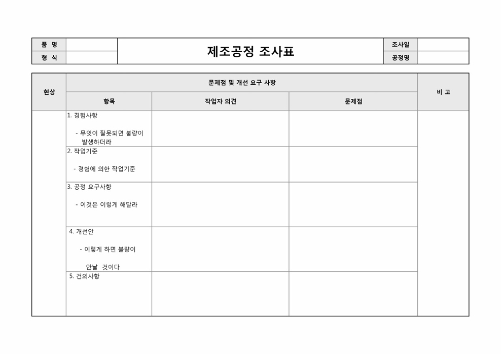 제조제작공정 조사표