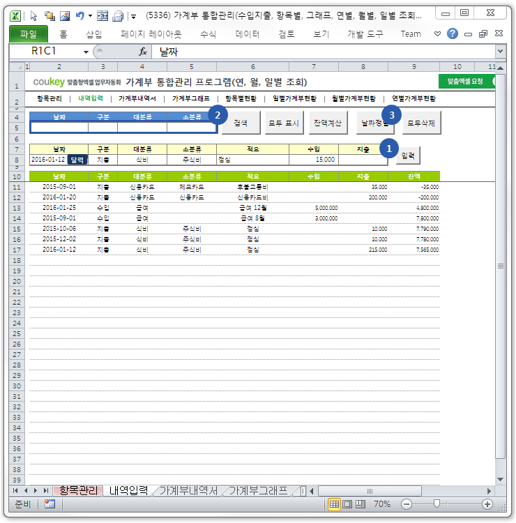 가계부 통합관리 프로그램(수입지출, 항목별, 그래프, 연별, 월별, 일별 조회)