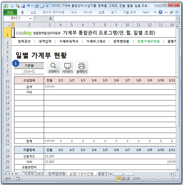 가계부 통합관리 프로그램(수입지출, 항목별, 그래프, 연별, 월별, 일별 조회)