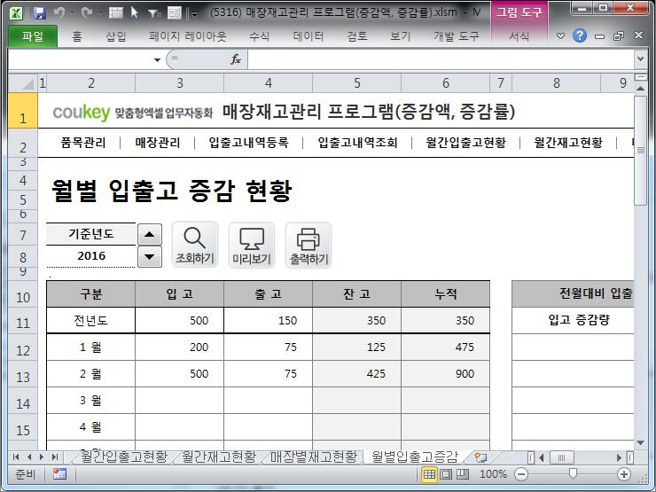매장 재고 물자 관리 프로그램 (증감액, 증감률)
