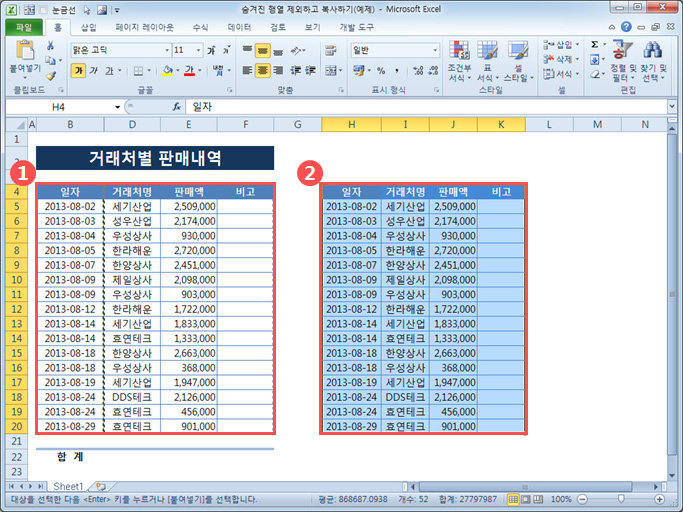 숨겨진 행/열 제외하고 복사하기