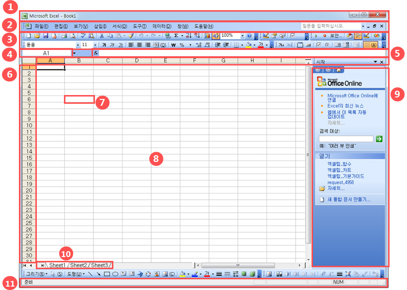 엑셀2003 화면구성 알아보기