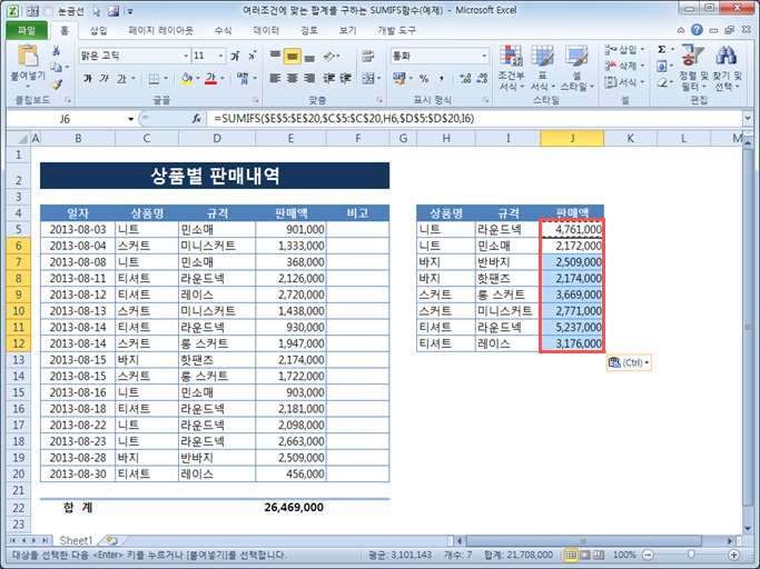 여러조건에 맞는 합계를 구하는 SUMIFS함수