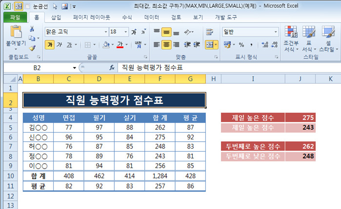 최대값, 최소값 구하기(MAX,MIN,LARGE,SMALL)