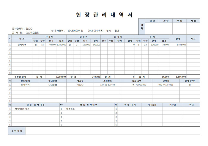 현장관리 내역서 현장관리 내역서
