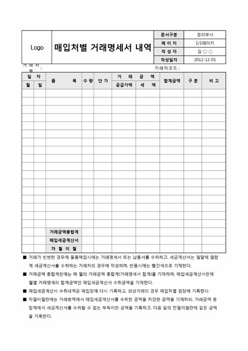매입처별 거래명세서 내역 매입처별 거래명세서 내역