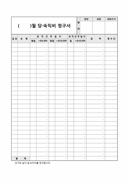 월별 당·숙직비 청구서 월별 당·숙직비 청구서