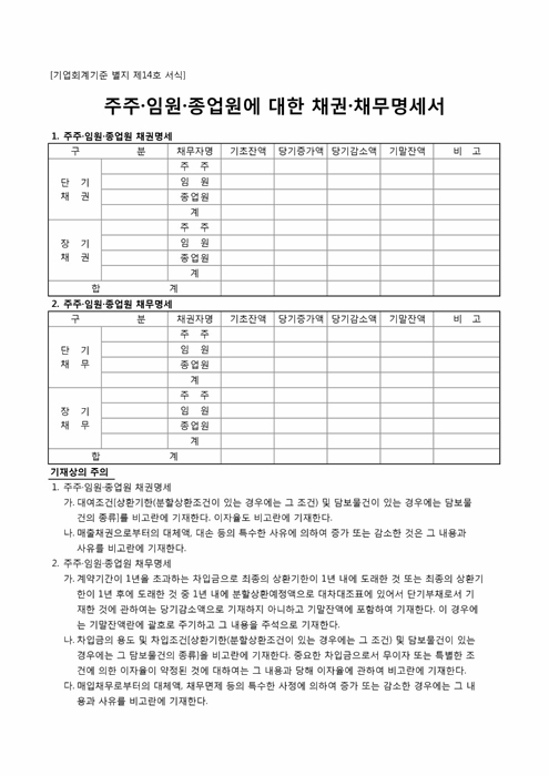 주주임원종업원에 대한 채권채무명세서