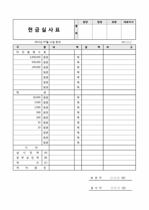 현금실사표 현금실사표