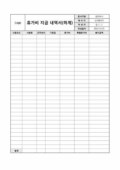 휴가비 지급 내역서(하계)