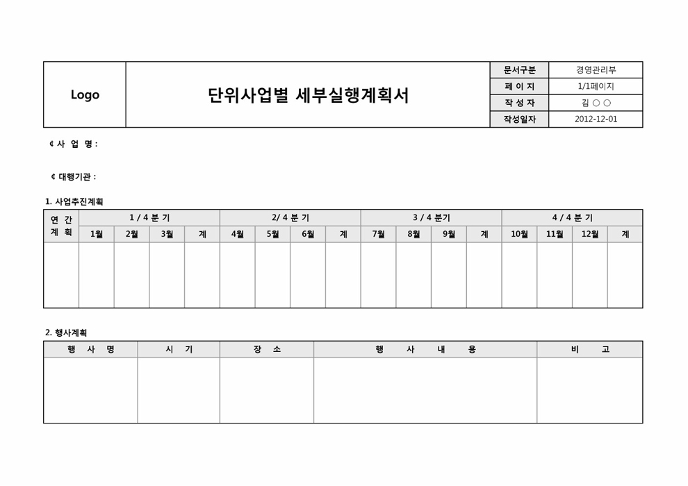단위사업별 세부실행계획서 단위사업별 세부실행계획서