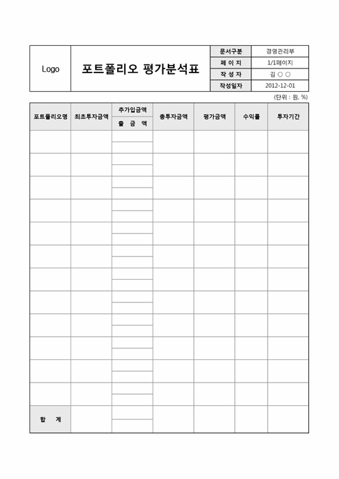 포트폴리오 평가분석표 포트폴리오 평가분석표