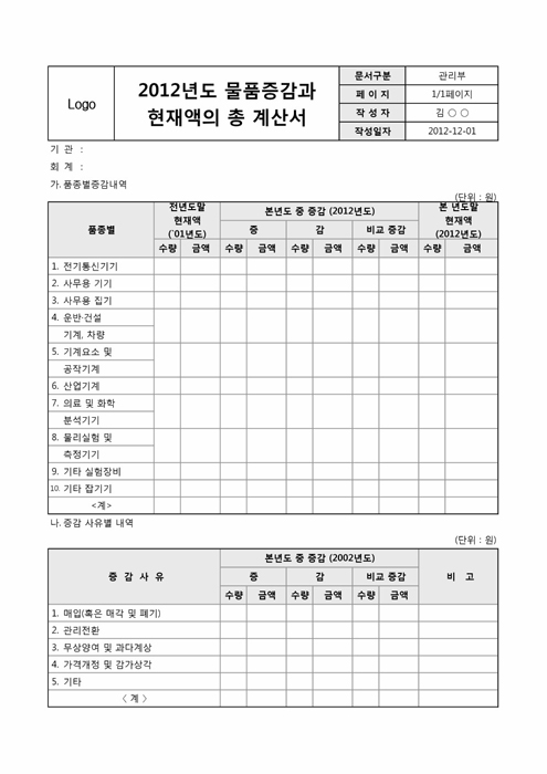 2002년도 물품증감과 현재액의 총 계산서 2002년도 물품증감과 현재액의 총 계산서