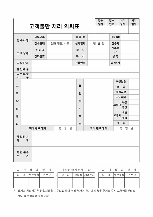 고객불만 처리 의뢰표