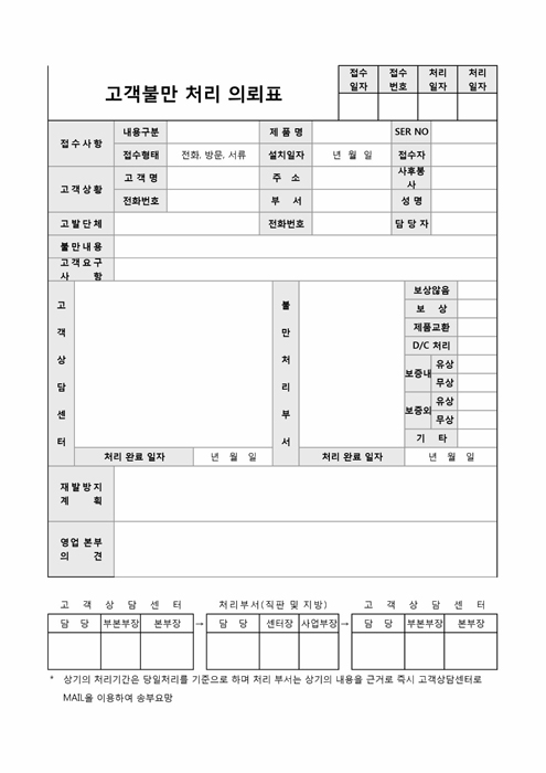 고객불만 처리 의뢰표