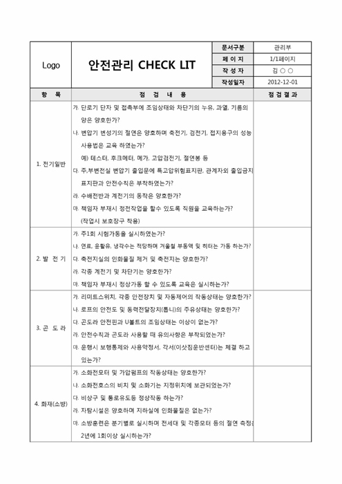 안전관리 CHECK LIST(아파트) 안전관리 CHECK LIST(아파트)
