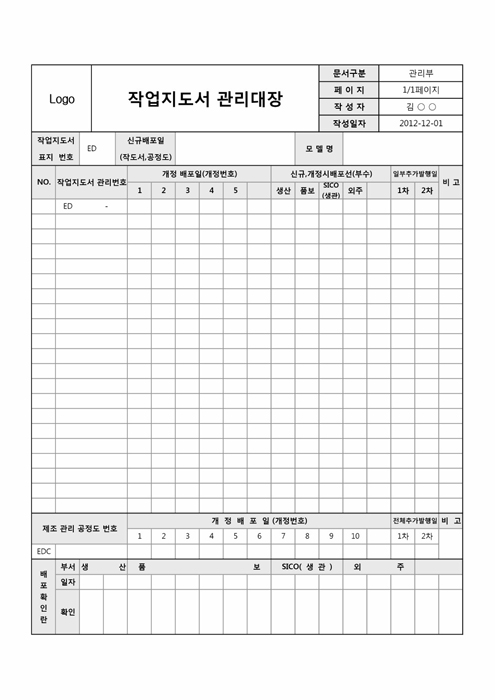 작업지도서 관리대장 작업지도서 관리대장