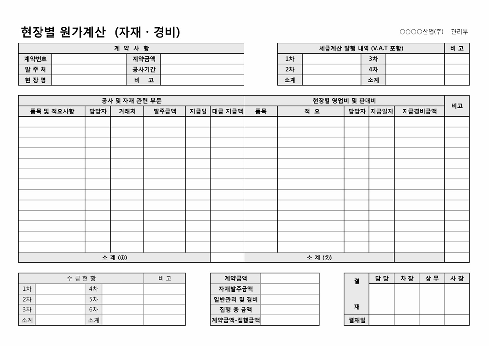 현장별 원가계산 현장별 원가계산