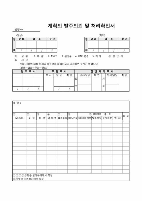 계획외 발주의뢰 및 처리확인서