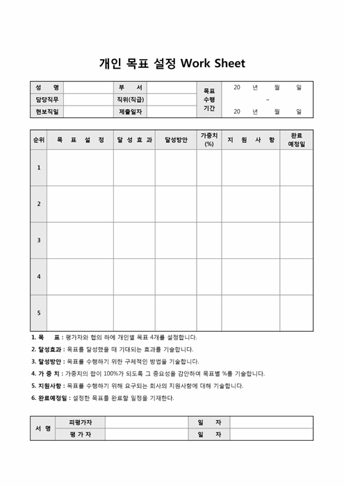 개인 목표 설정 Work Sheet 개인 목표 설정 Work Sheet