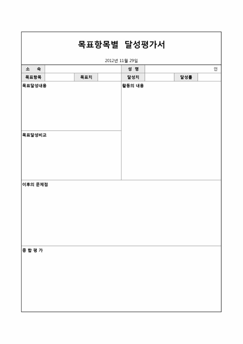목표 항목별 달성 평가표 목표 항목별 달성 평가표