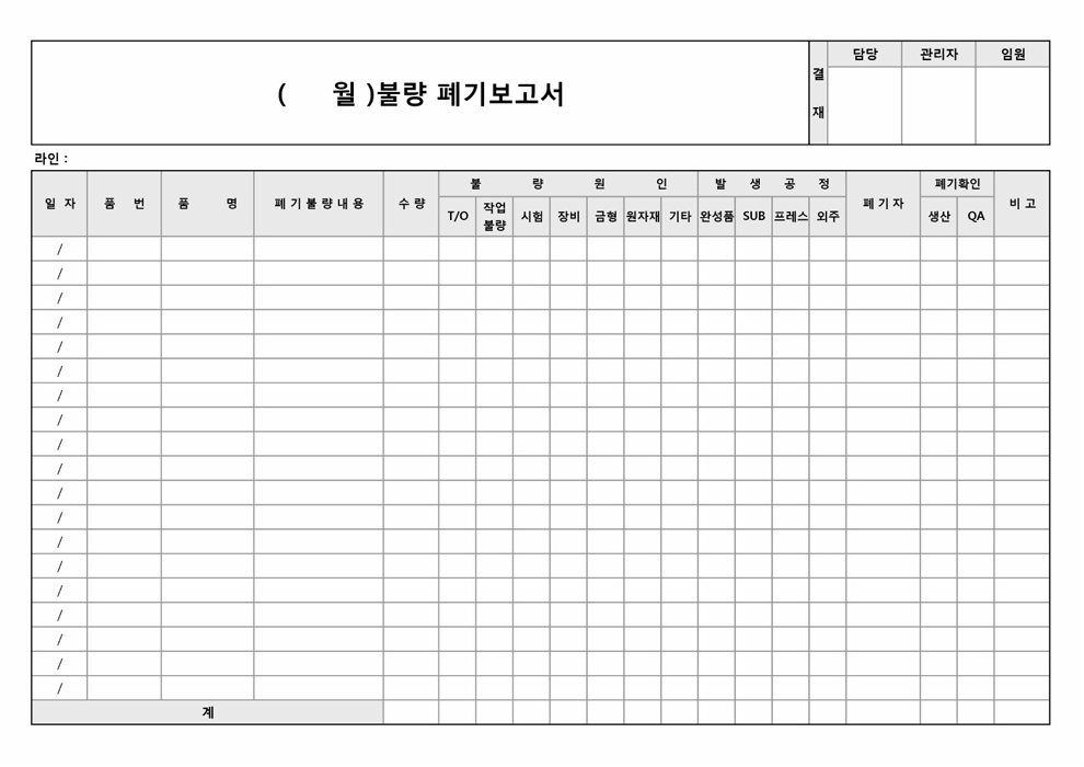 월 불량 폐기 보고서(라인별, 가로서식)