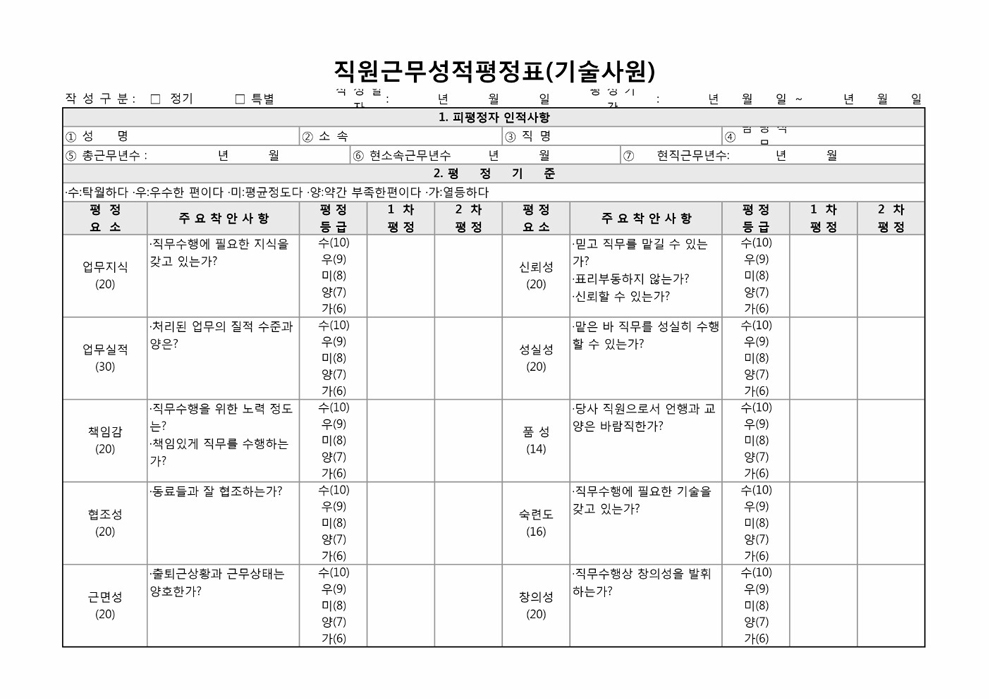 직원근무성적평정표(기술사원) 직원근무성적평정표(기술사원)