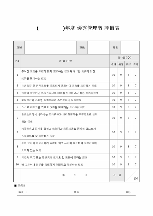 년도 우수사원평가표(한문)