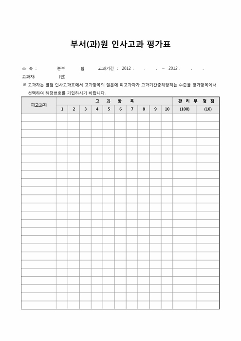 부서(과)원 인사고과 평가표