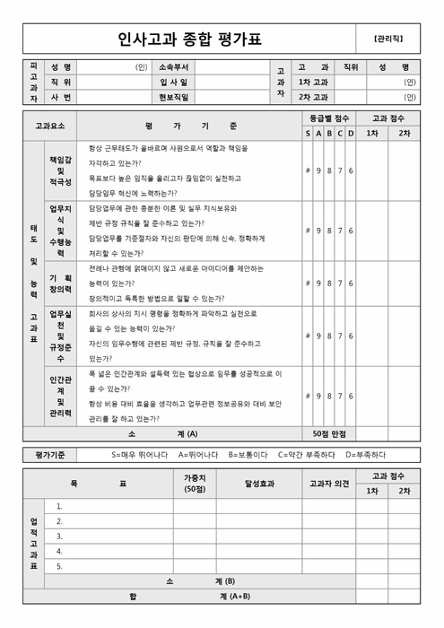 인사고과 종합 평가표(관리직)