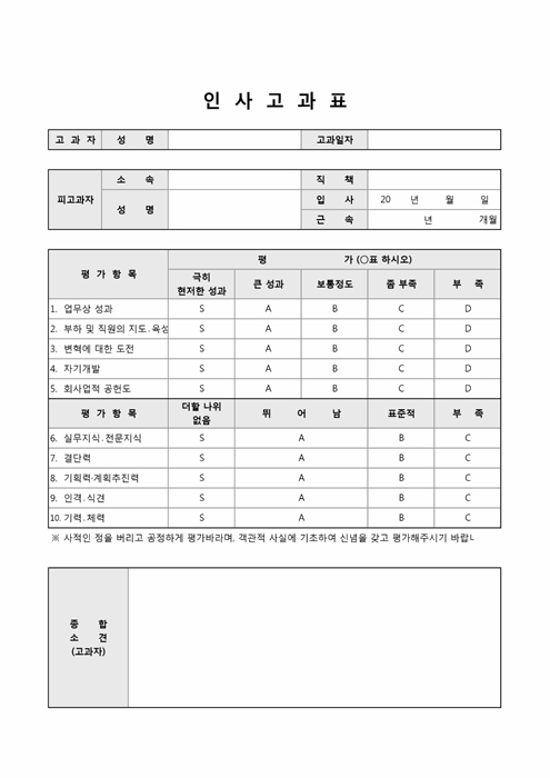 인사고과표(임원) 인사고과표(임원)
