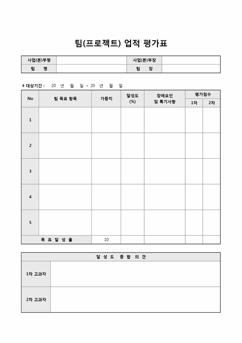 팀(프로젝트) 업적 평가표 팀(프로젝트) 업적 평가표