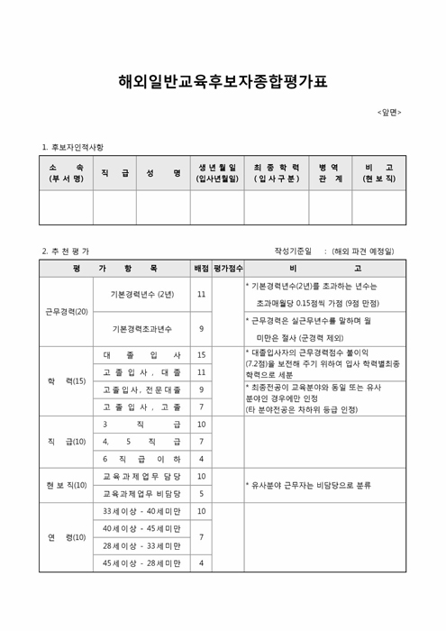 해외일반교육후보자종합평가표(앞면)