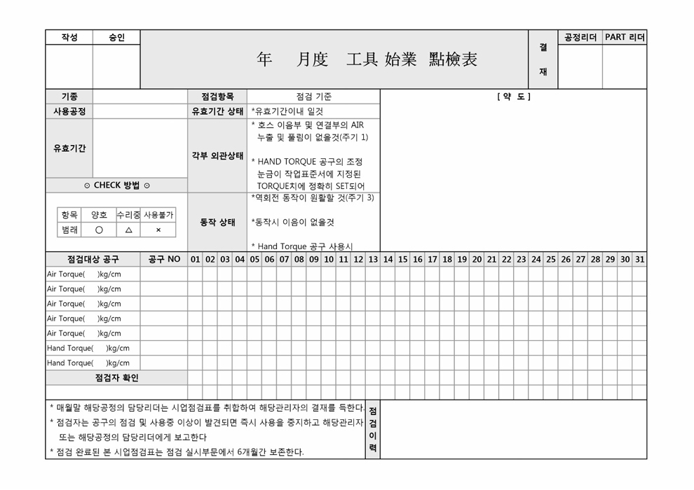 공구 시업 점검표