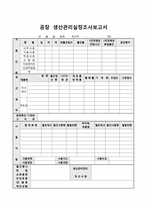 공장 생산관리 실정 조사 보고서(세부구분)