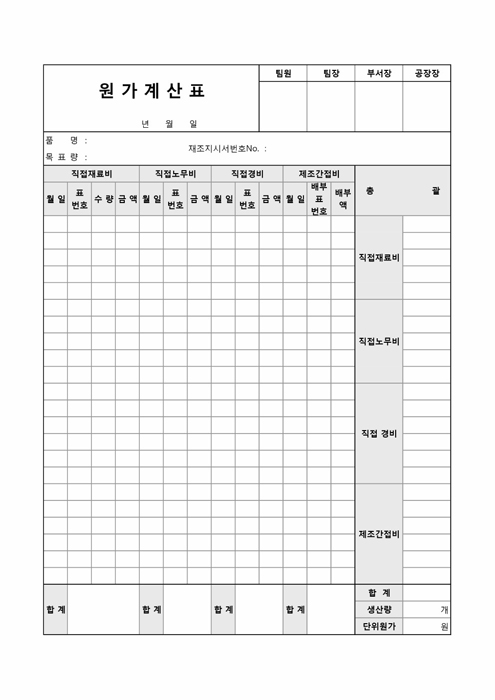 공정별원가계산표 공정별원가계산표