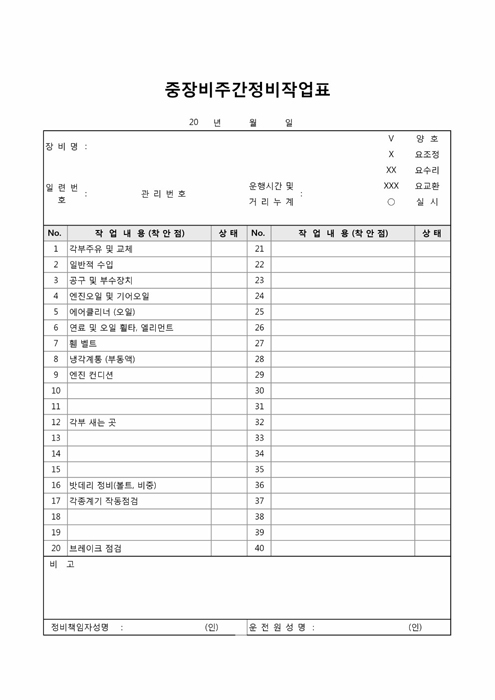 중장비 주간정비작업표 중장비 주간정비작업표