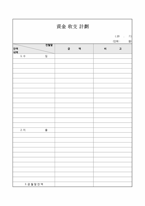 월 자금수지 계획서 월 자금수지 계획서