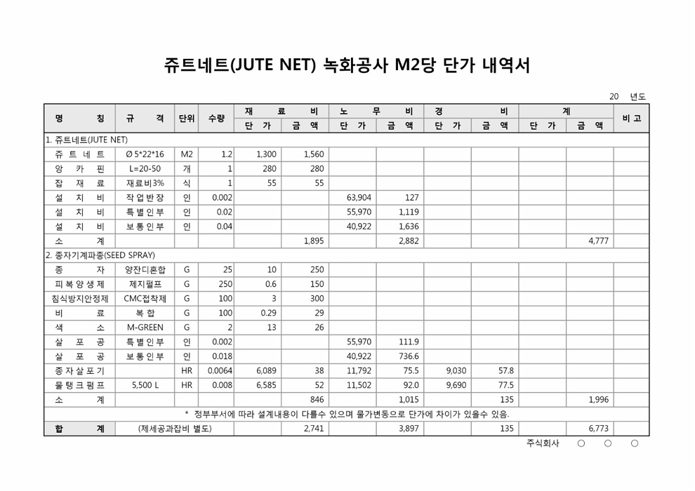 쥬트네트(JUTE NET)녹화공사 M2당 단가 내역서