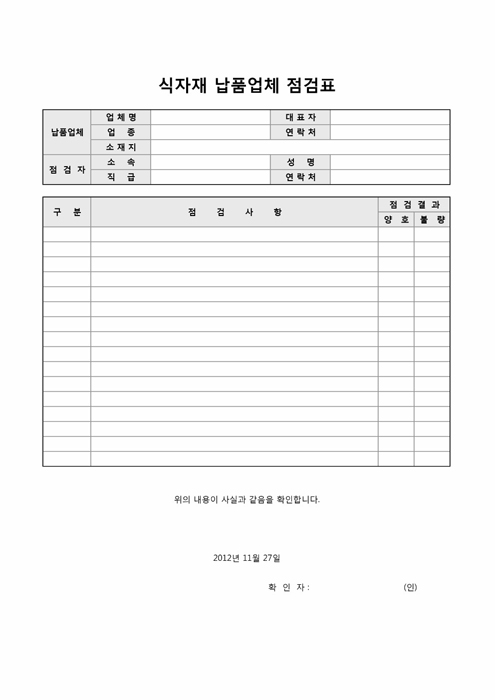 식자재 납품업체 점검표(샘플포함) 식자재 납품업체 점검표(샘플포함)