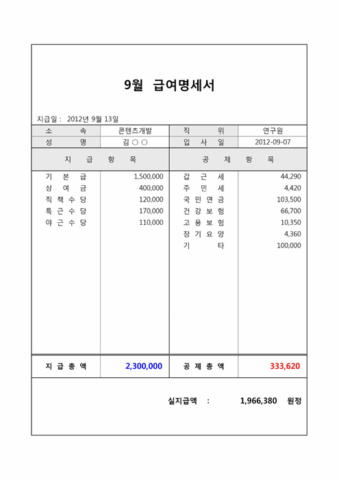 개인급여명세서 양식