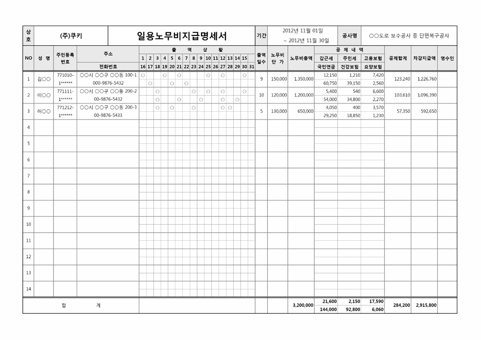 일용노무비지급명세서(4대보험)