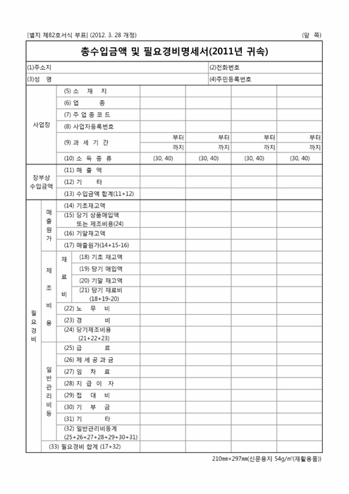 총수입금액 및 필요경비명세서(2012.3.28 개정)