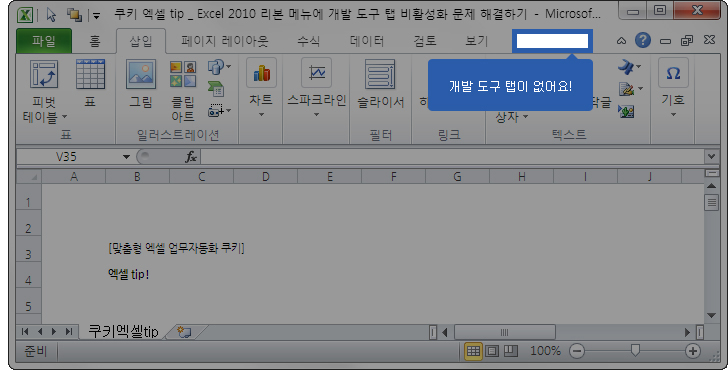 Excel 2010 리본 메뉴에 개발 도구 탭 비활성화 문제 해결하기(개발 도구 활성화 하기)