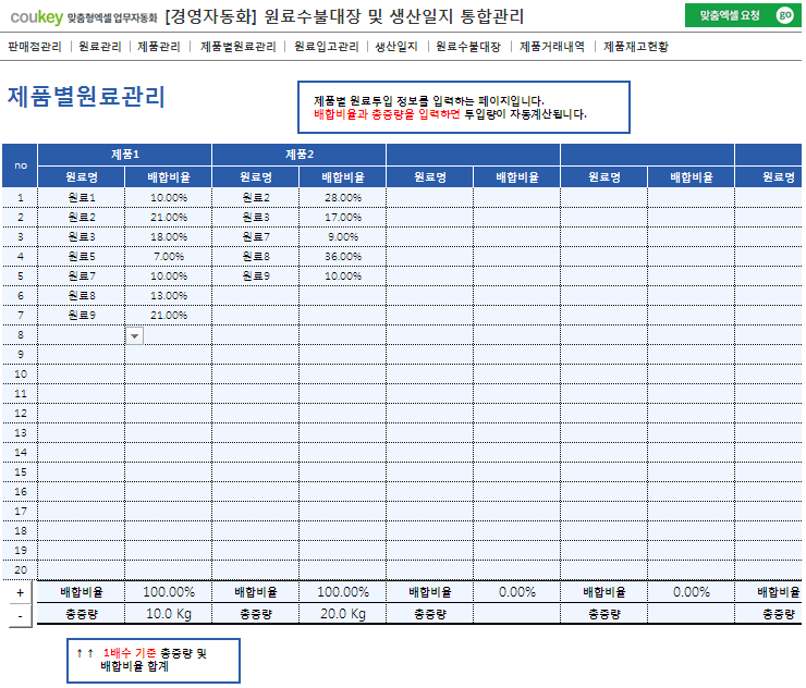 생산관리, 원료수불, 재고관리 경영자동화 프로그램 Ver 3.0