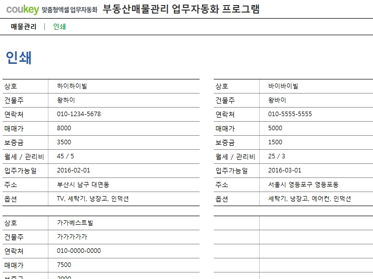 부동산임대관리 업무자동화(매매가, 보증금, 권리금 등 상세검색기능) 프로그램